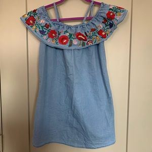 Off the Shoulder Denim Floral Top
